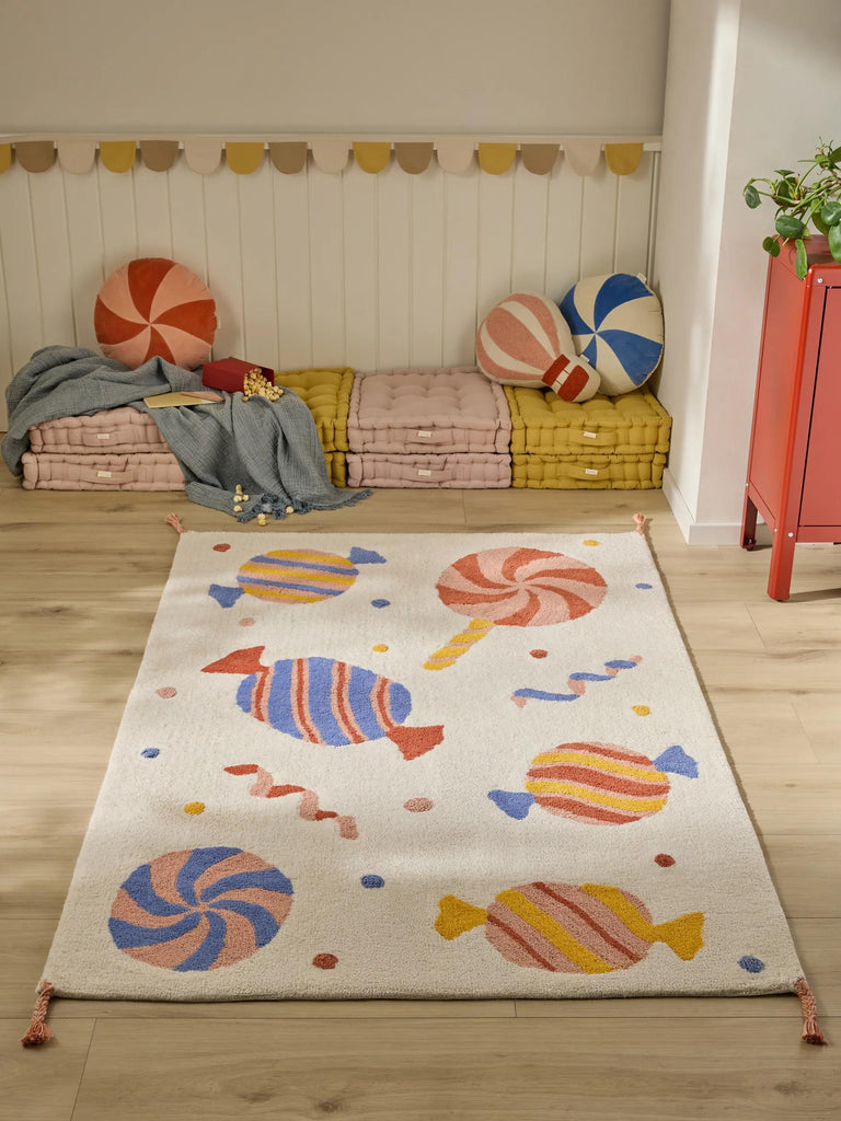 Tapis retro motif bonbon enfant multicolore en coton 120x170 cm