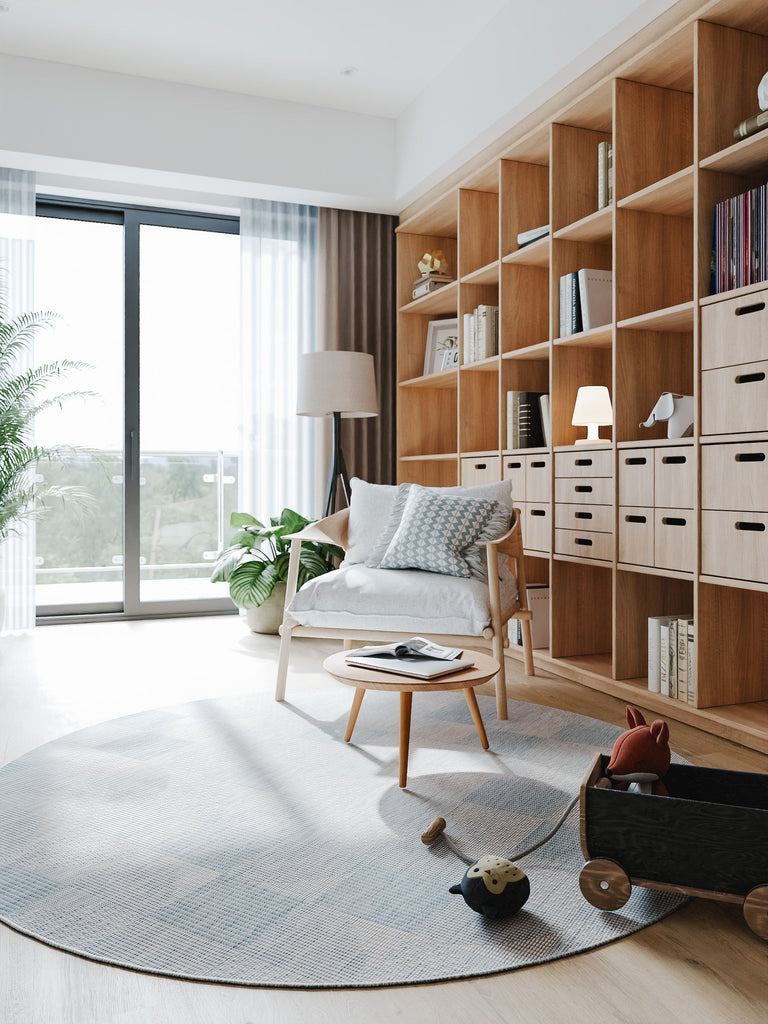 Tapis géométrique motif patchwork rond bleu d'intérieur et d'extérieur 160 cm de diamètre