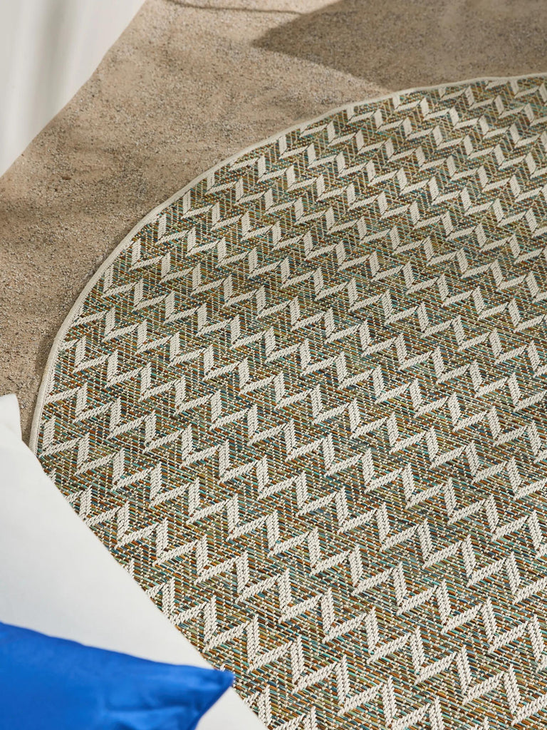 Tapis scandinave motif géométrique rond beige d'intérieur et d'extérieur 200 cm de diamètre