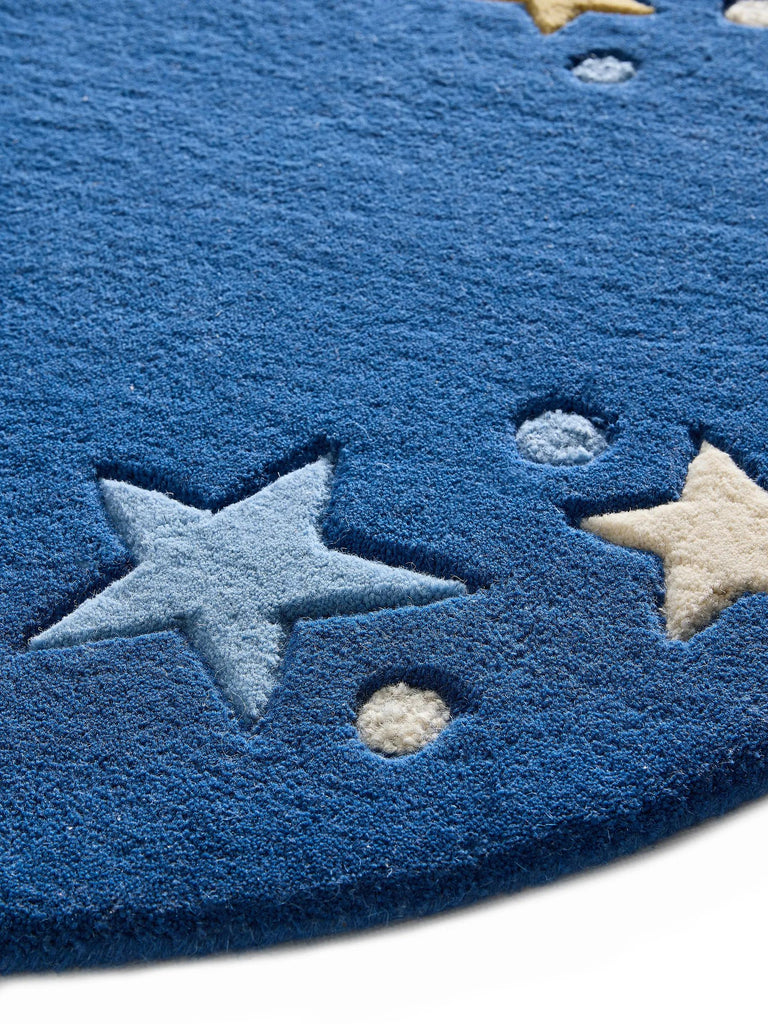 Tapis étoile rond enfant bleu en laine 120 cm de diamètre
