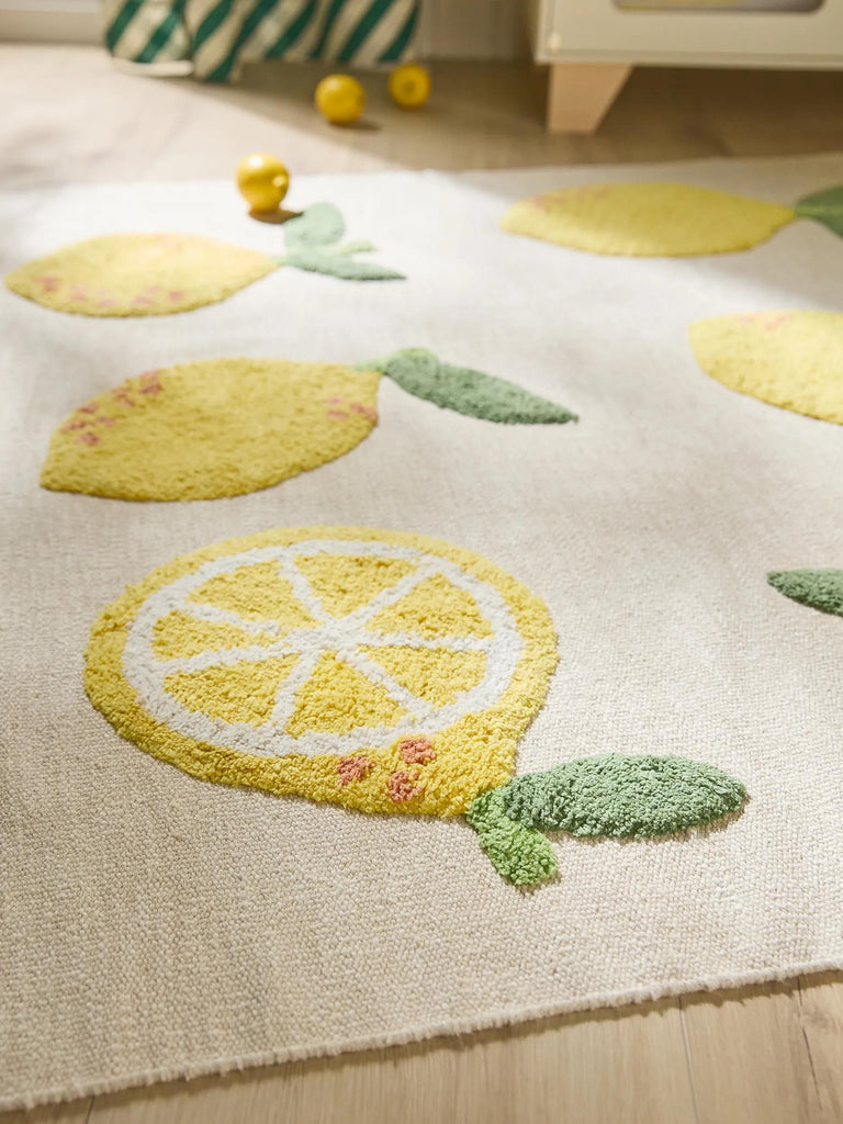 Tapis moderne motif citron enfant crème et jaune en coton 160x230 cm