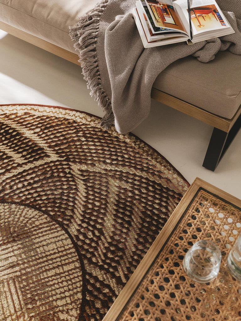 Tapis ethinque rond marron et beige d'intérieur et d'extérieur 160 cm de diamètre
