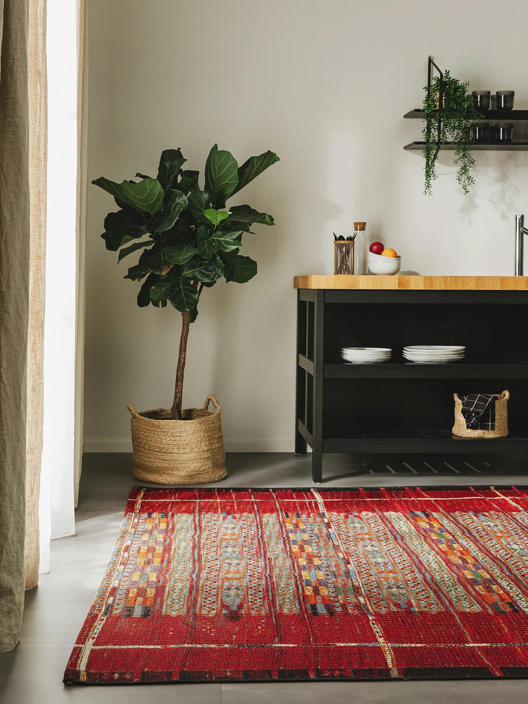 Tapis patchwork motif ethnique multicolore et rouge d'intérieur et d'extérieur 120x180 cm