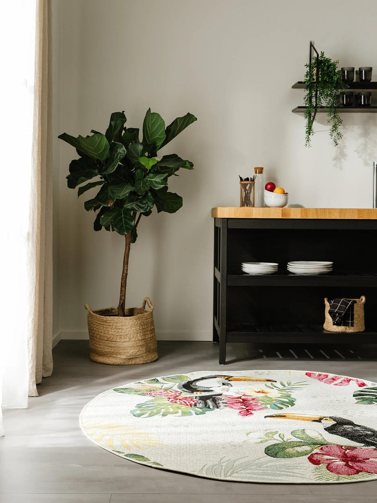 Tapis moderne motif feuille rond enfant multicolore d'intérieur et d'extérieur 160 cm de diamètre