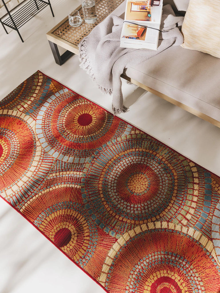 Tapis contemporain motif mosaique de couloir tons rouge et multicolore d'intérieur et d'extérieur 80x250 cm