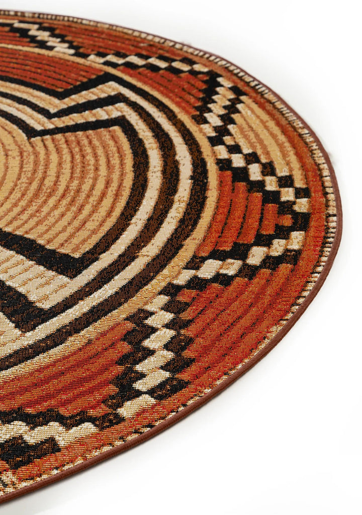 Tapis ethnique rond beige et rouge d'intérieur et d'extérieur 160 cm de diamètre