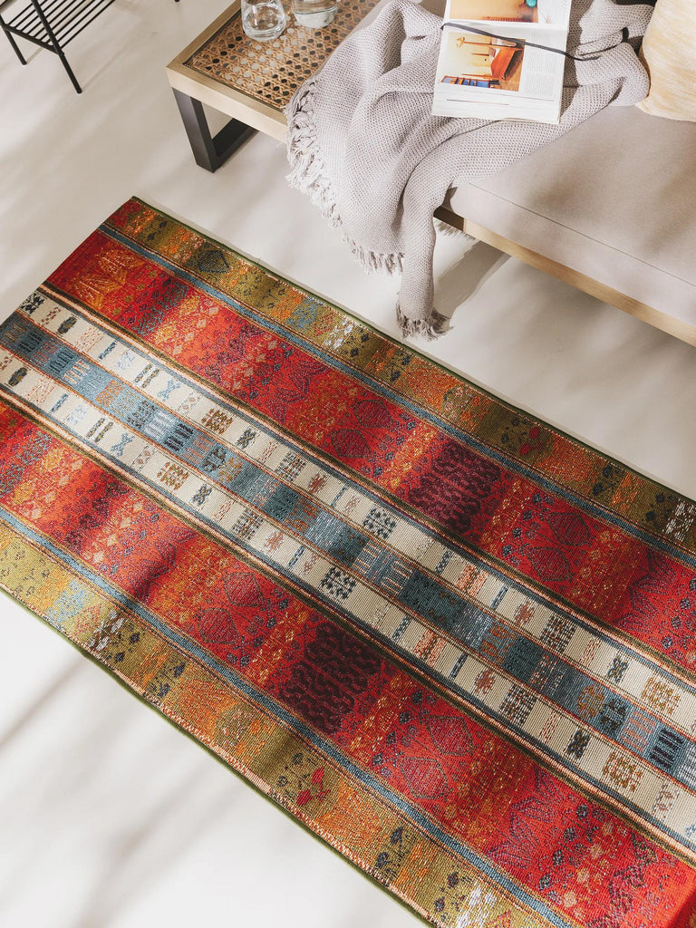 Tapis patchwork motif ethnique de couloir tons rouge et multicolore d'intérieur et d'extérieur 80x250 cm