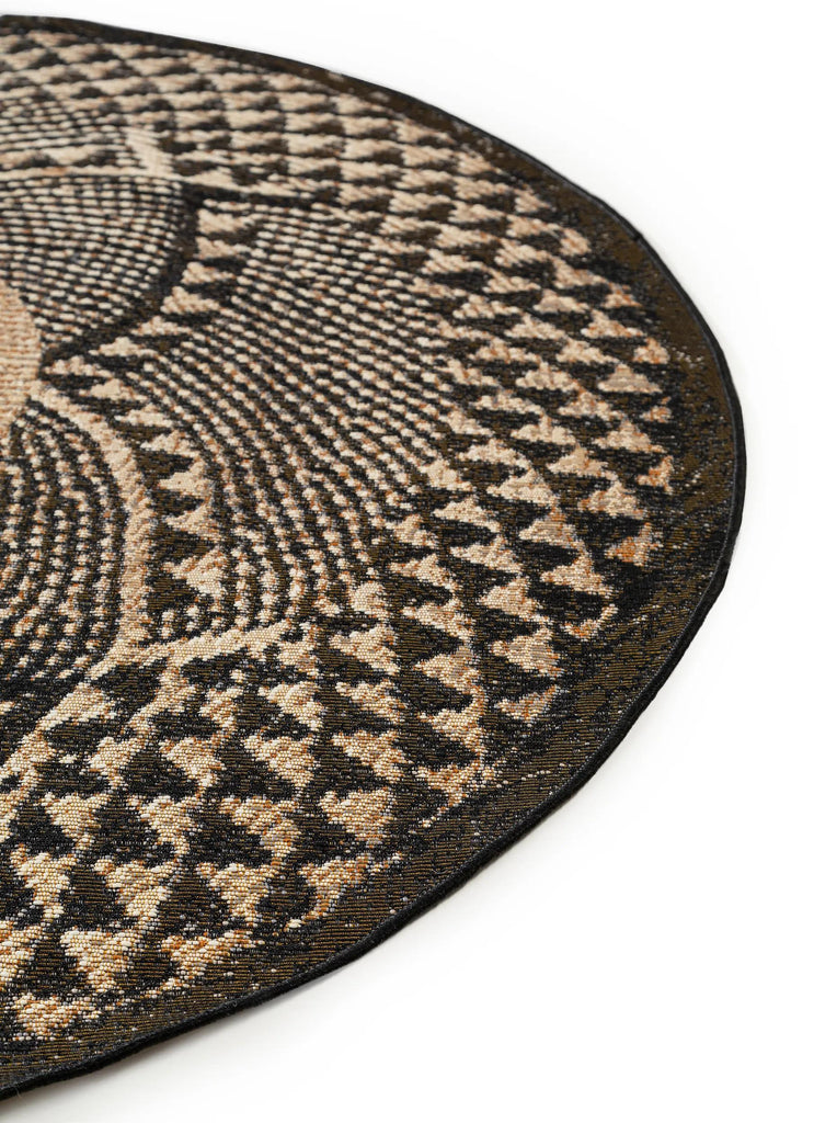 Tapis ethnique rond noir et beige d'intérieur et d'extérieur 160 cm de diamètre