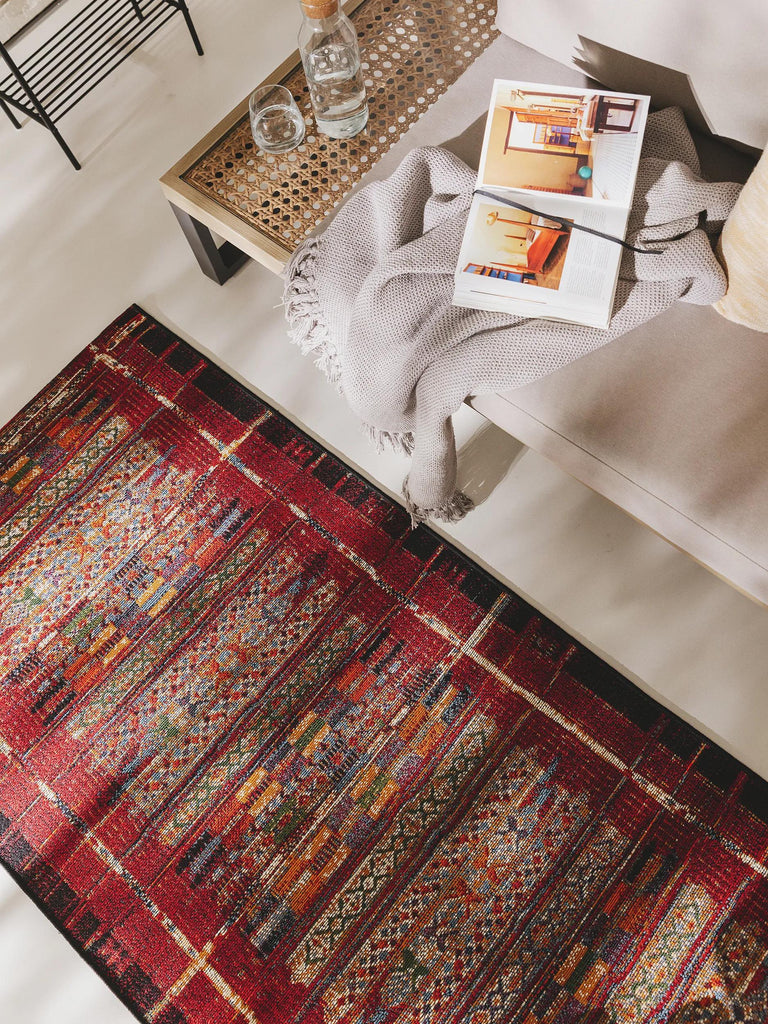 Tapis patchwork motif ethnique de couloir multicolore et rouge d'intérieur et d'extérieur 80x250 cm