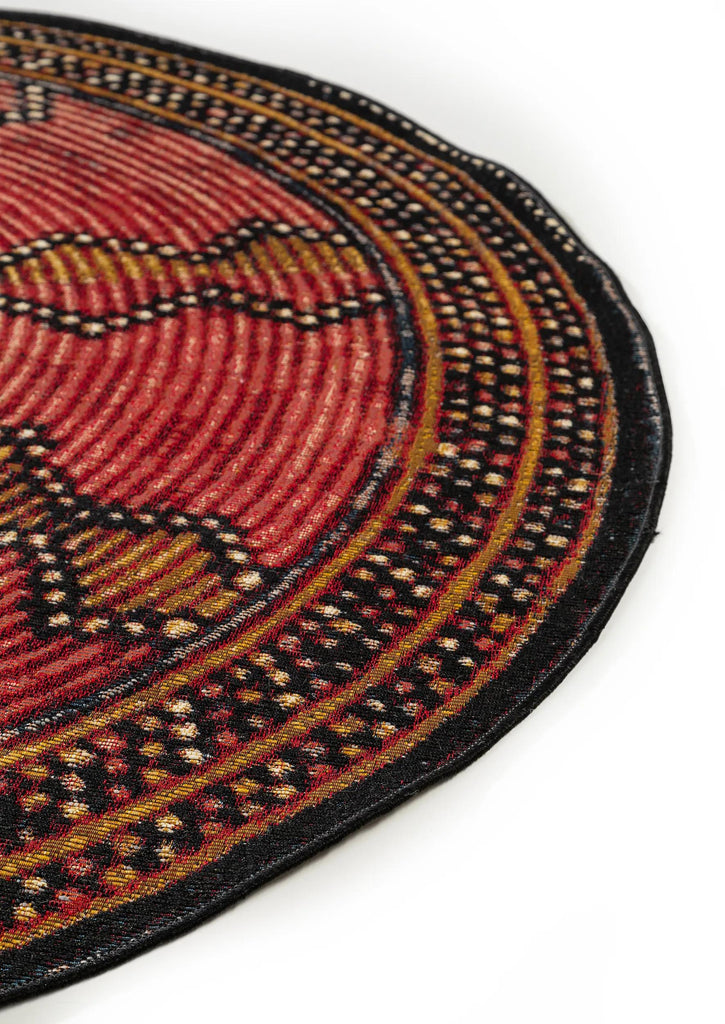 Tapis ethnique rond rouge et noir d'intérieur et d'extérieur 160 cm de diamètre