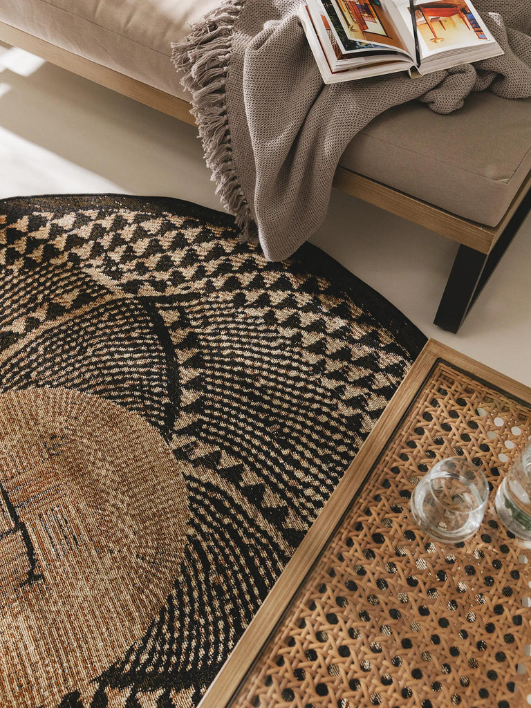 Tapis ethnique rond noir et beige d'intérieur et d'extérieur 160 cm de diamètre