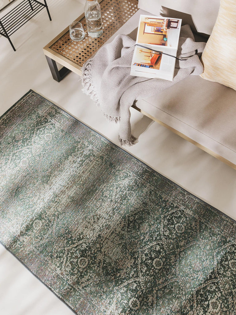 Tapis vintage oriental de couloir vert d'intérieur et d'extérieur 80x250 cm