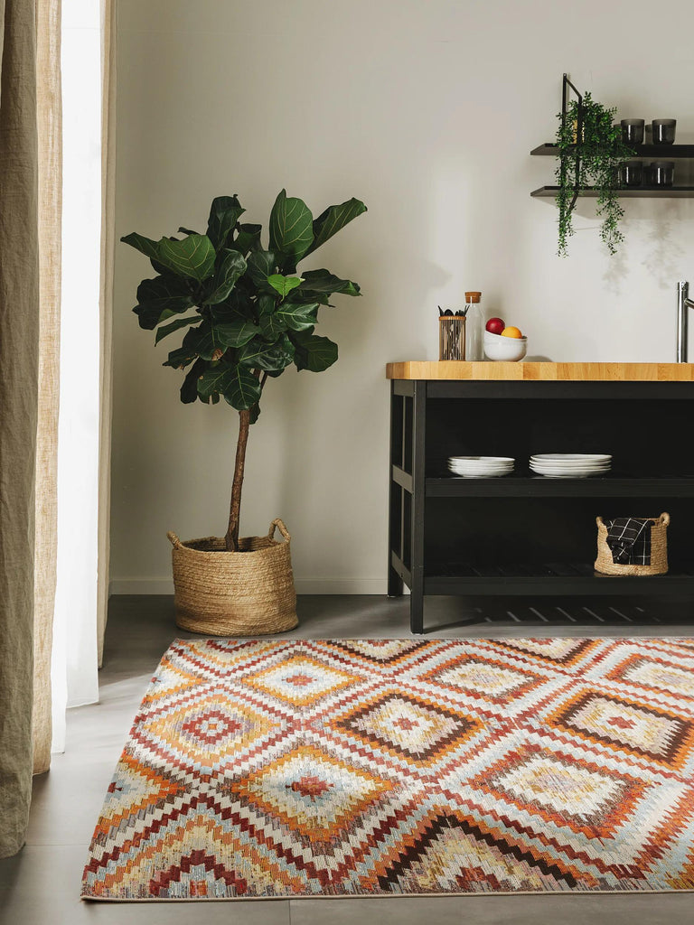 Tapis contemporain motif losange tons orange multicolore d'intérieur et d'extérieur 160x235 cm