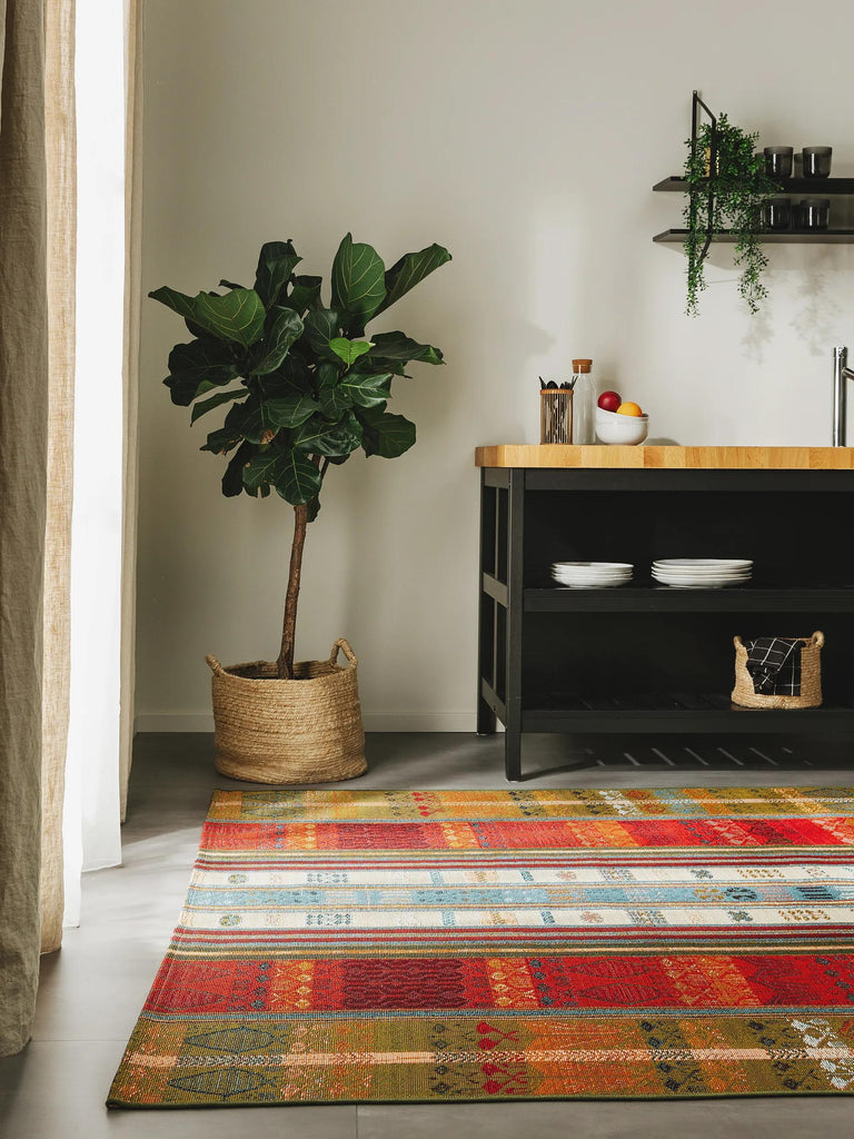 Tapis patchwork motif ethnique tons rouge et multicolore d'intérieur et d'extérieur 200x285 cm