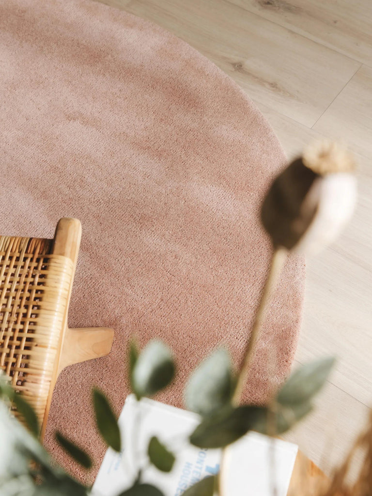 Tapis moderne uni rond rose en laine 200 cm de diamètre