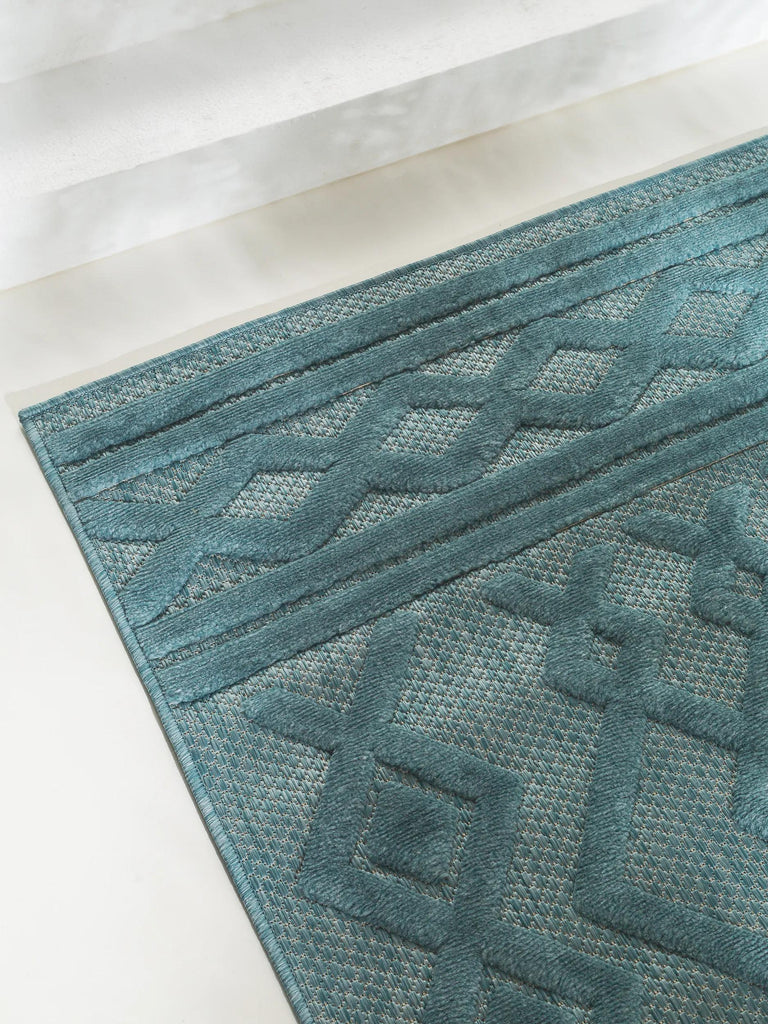 Tapis géométrique motif ethnique relief turquoise d'intérieur et d'extérieur 240x340 cm