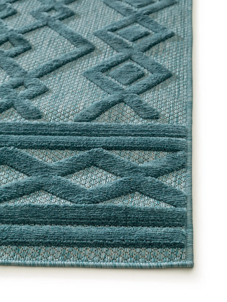 Tapis géométrique motif ethnique relief turquoise d'intérieur et d'extérieur 240x340 cm