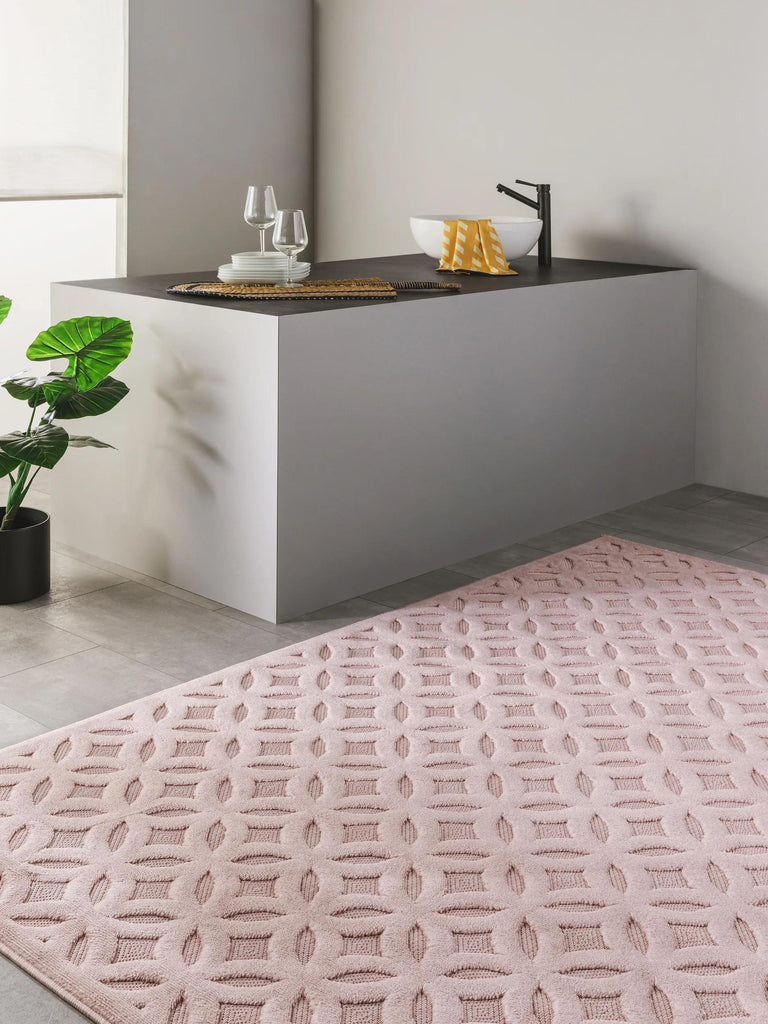 Tapis géométrique motif rosace rose d'intérieur et d'extérieur 200x290 cm