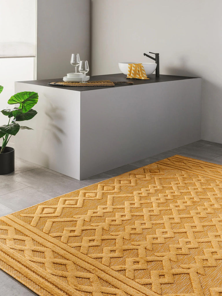Tapis géométrique motif ethnique relief jaune d'intérieur et d'extérieur 120x170 cm