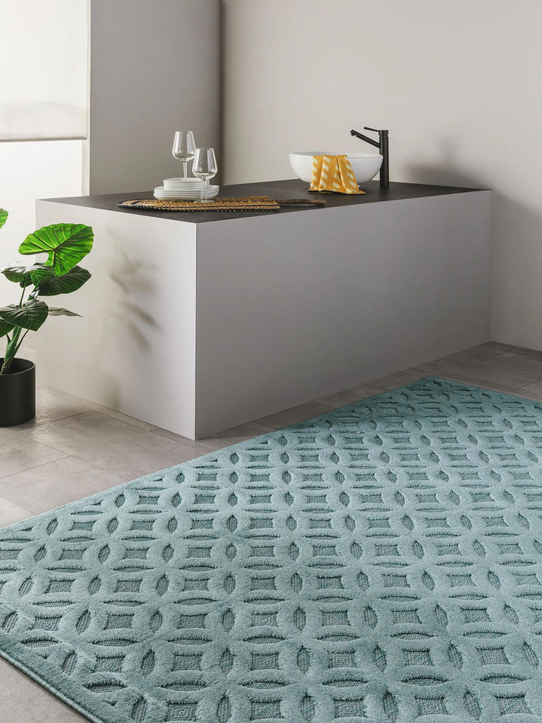 Tapis géométrique motif rosace turquoise d'intérieur et d'extérieur 120x170 cm