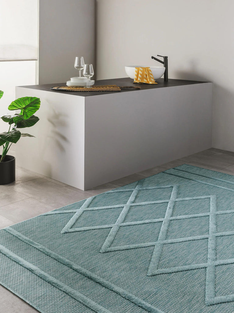 Tapis géométrique motif berbère turquoise d'intérieur et d'extérieur 80x150 cm