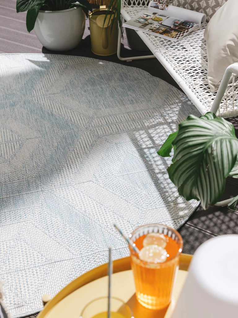 Tapis géométrique motif nid d'abeille rond bleu et beige d'intérieur et d'extérieur 200 cm de diamètre