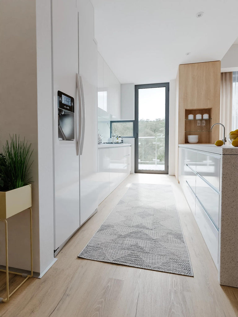 Tapis géométrique motif losange de couloir gris d'intérieur et d'extérieur 80x250 cm