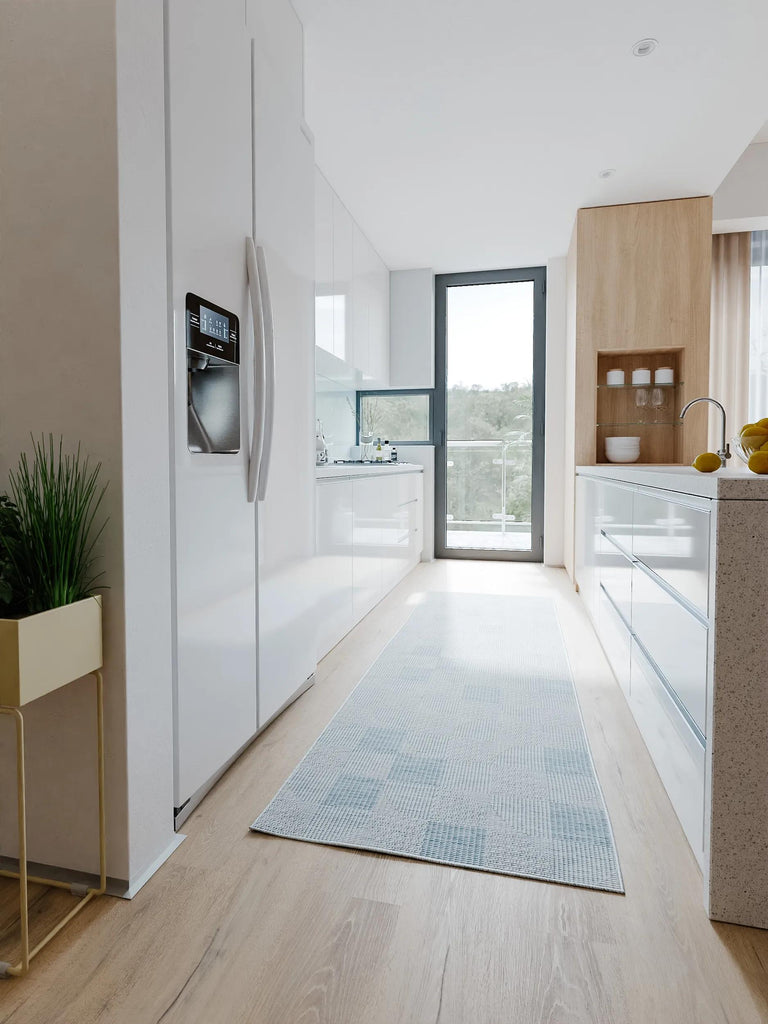 Tapis géométrique motif patchwork de couloir bleu d'intérieur et d'extérieur 80x250 cm