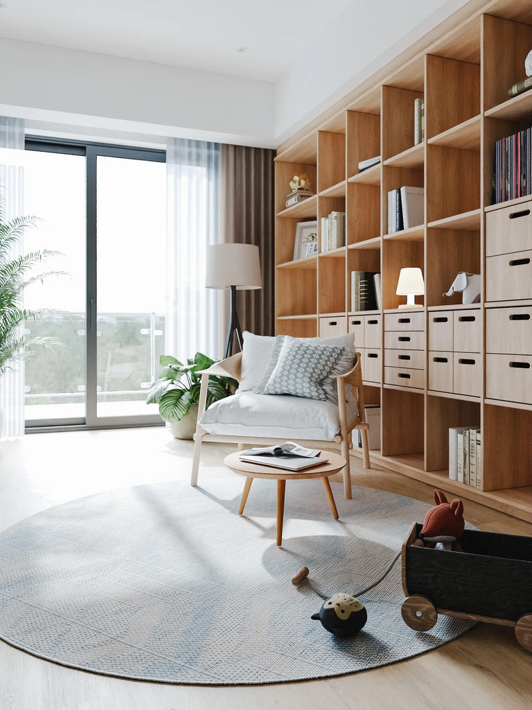 Tapis géométrique motif nid d'abeille rond bleu et beige d'intérieur et d'extérieur 200 cm de diamètre