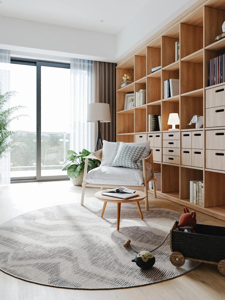 Tapis géométrique rayé rond gris d'intérieur et d'extérieur 160 cm de diamètre