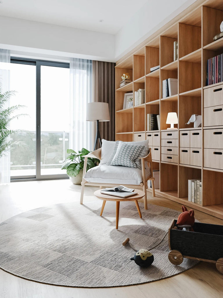 Tapis géométrique motif patchwork rond gris d'intérieur et d'extérieur 160 cm de diamètre