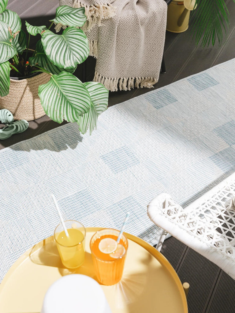 Tapis géométrique motif patchwork de couloir bleu d'intérieur et d'extérieur 80x250 cm