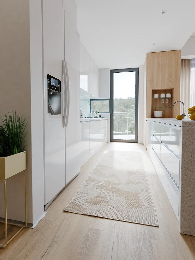 Tapis géométrique motif triangle de couloir beige d'intérieur et d'extérieur 80x250 cm