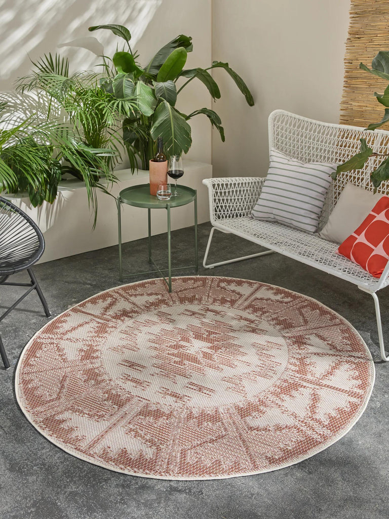 Tapis ethnique rond terracotta d'intérieur et d'extérieur 200 cm de diamètre