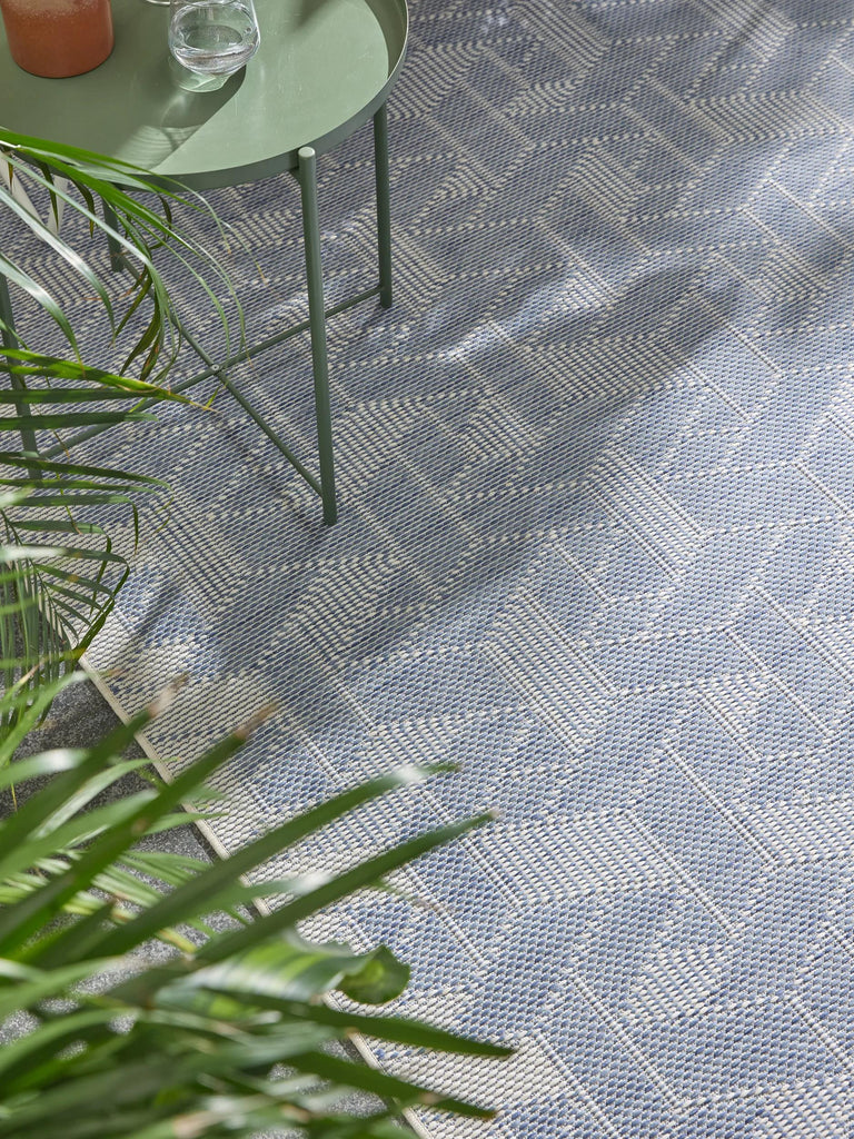 Tapis géométrique motif 3d bleu et gris d'intérieur et d'extérieur 120x170 cm