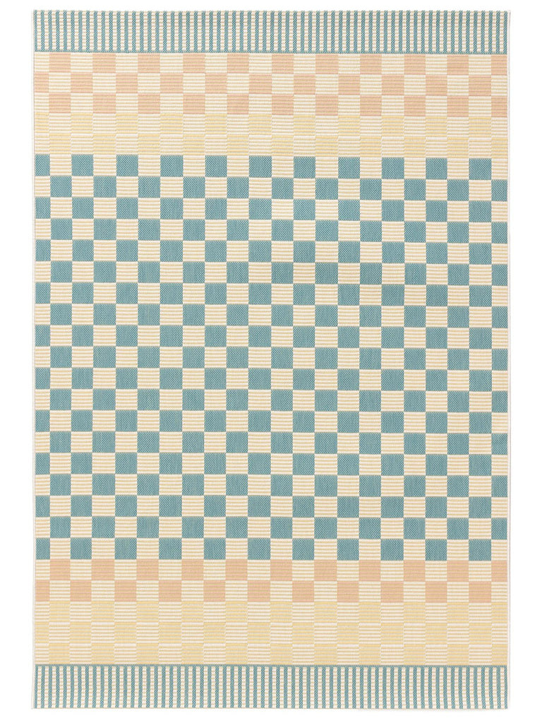 Tapis géométrique damier vert d'eau et beige d'intérieur et d'extérieur 200x290 cm