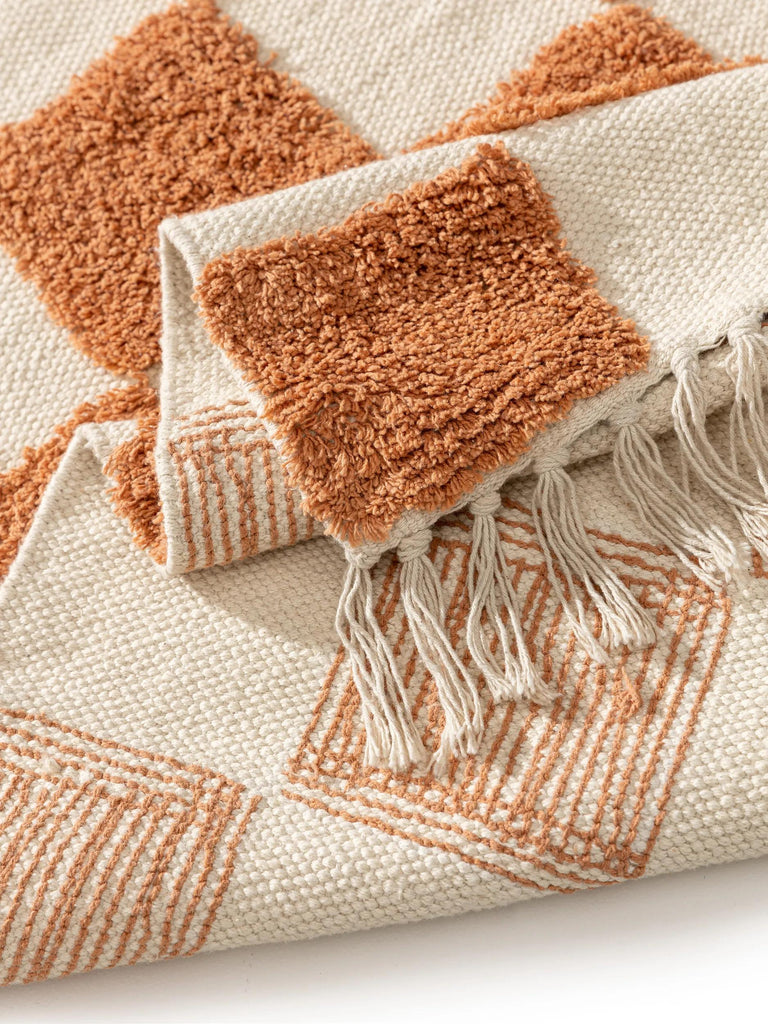 Tapis géométrique damier épais enfant terracotta et beige en coton 160x230 cm