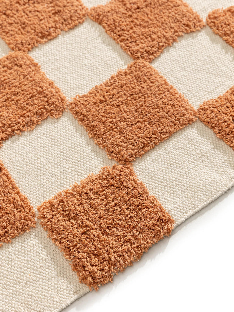 Tapis géométrique damier épais enfant terracotta et beige en coton 160x230 cm