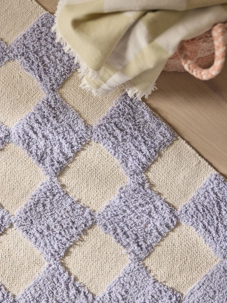 Tapis géométrique damier épais enfant violet et blanc en coton 160x230 cm