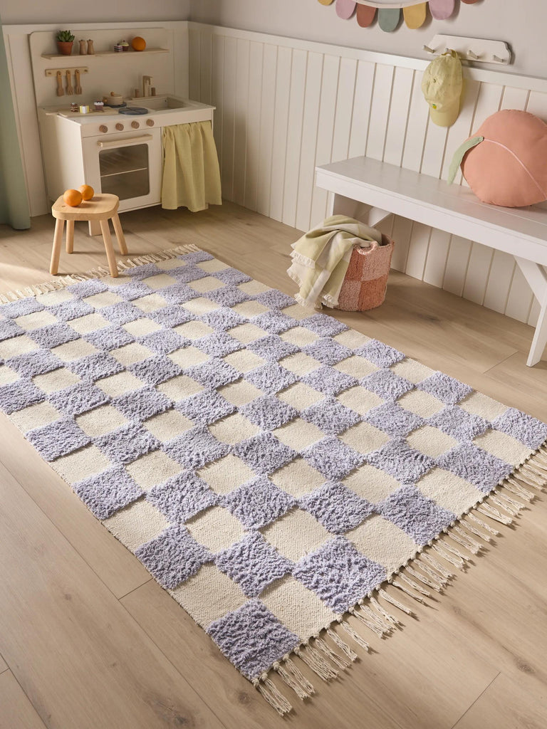 Tapis géométrique damier épais enfant violet et blanc en coton 160x230 cm