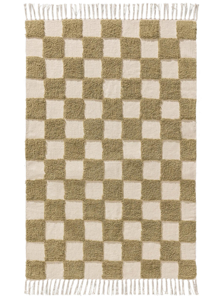 Tapis géométrique damier épais enfant vert et beige en coton 160x230 cm