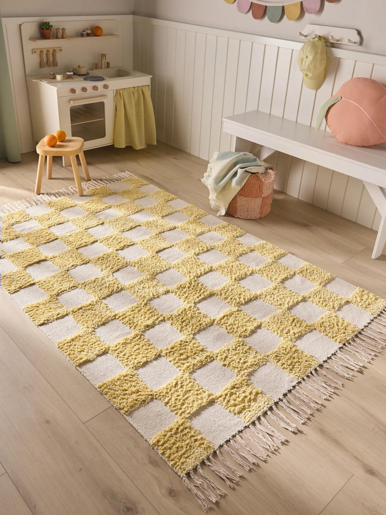 Tapis géométrique damier épais enfant jaune et blanc en coton 160x230 cm