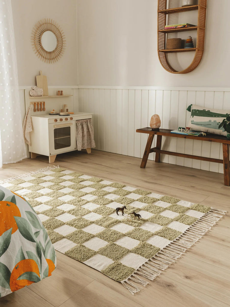 Tapis géométrique damier épais enfant vert et beige en coton 160x230 cm