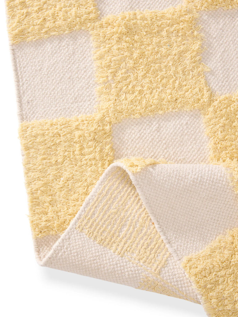 Tapis géométrique damier épais enfant jaune et blanc en coton 160x230 cm