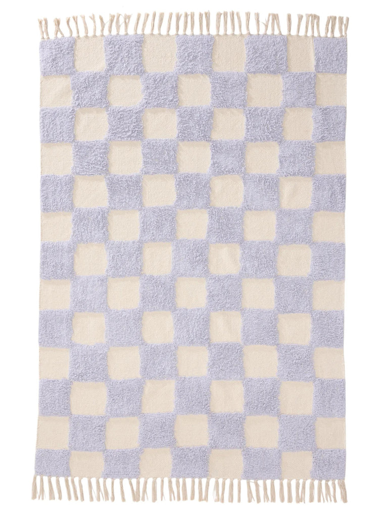 Tapis géométrique damier épais enfant violet et blanc en coton 120x170 cm