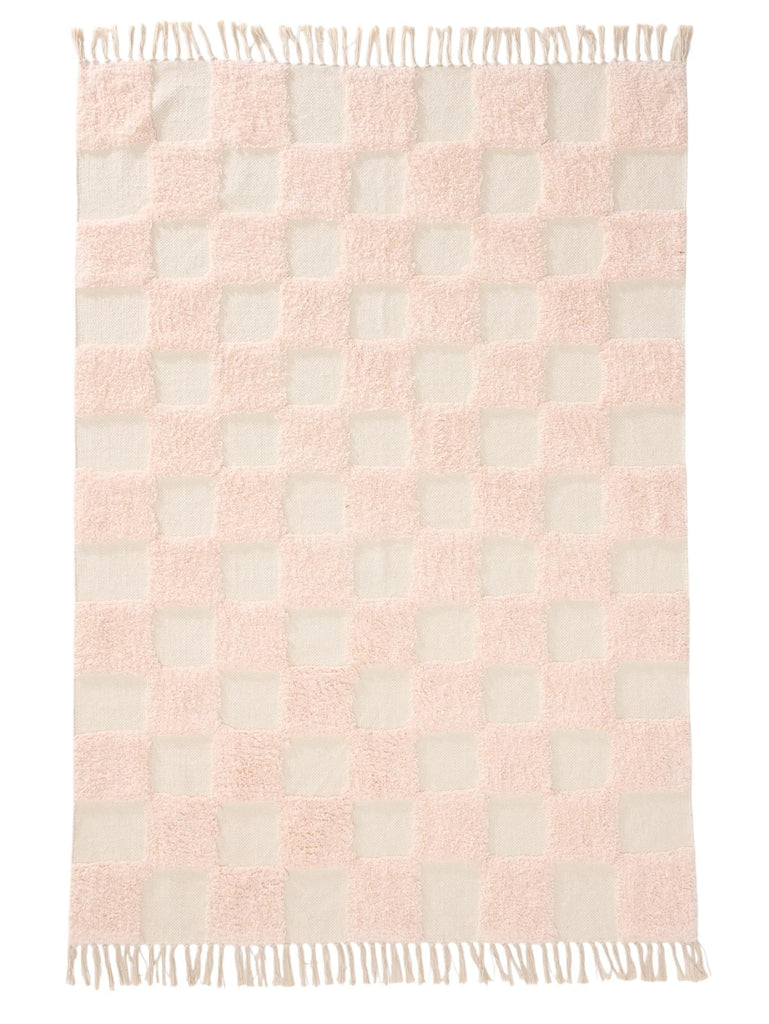 Tapis géométrique damier épais enfant rose et blanc en coton 160x230 cm
