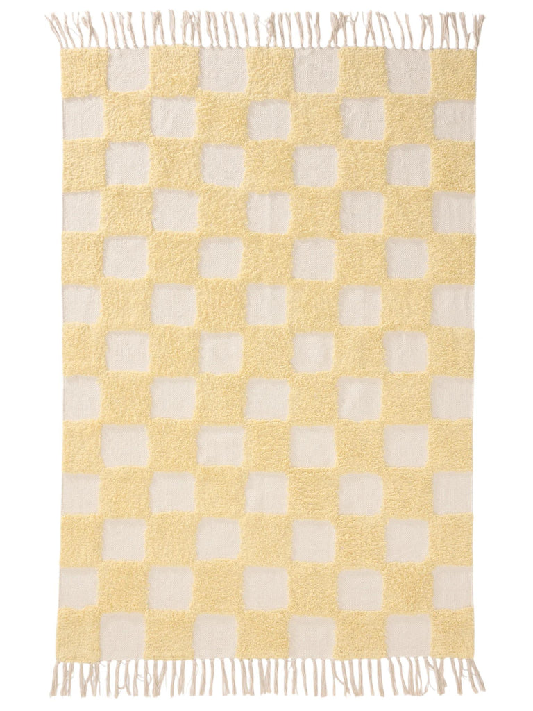 Tapis géométrique damier épais enfant jaune et blanc en coton 160x230 cm