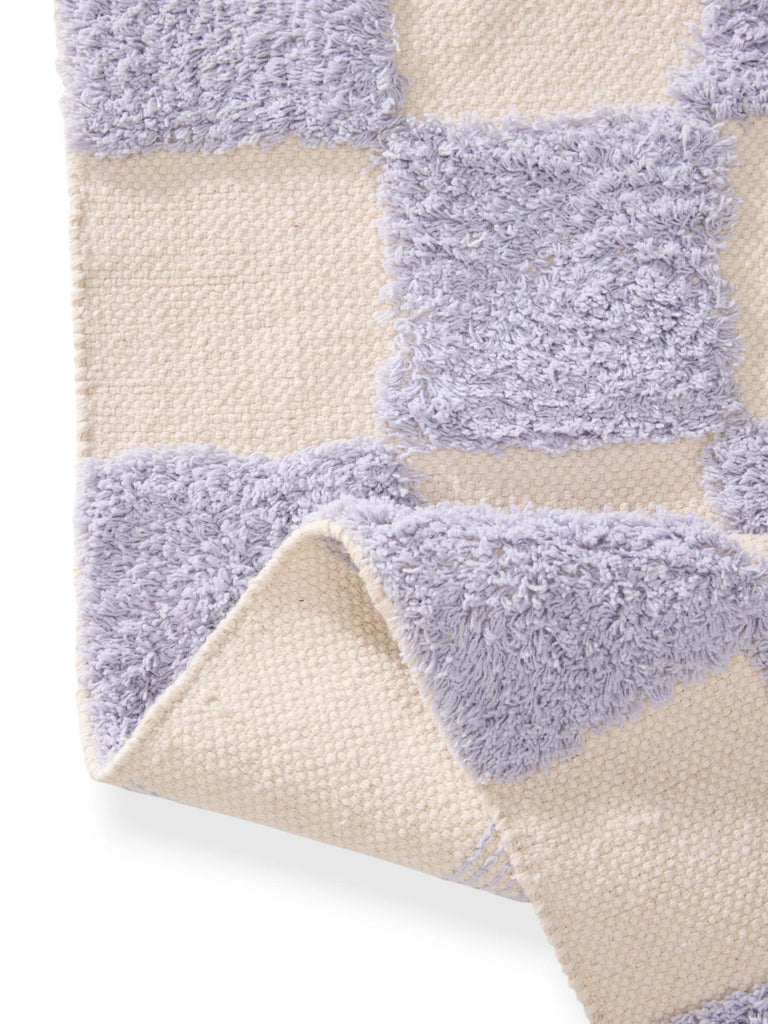 Tapis géométrique damier épais enfant violet et blanc en coton 120x170 cm