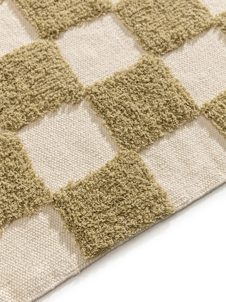 Tapis géométrique damier épais enfant vert et beige en coton 160x230 cm