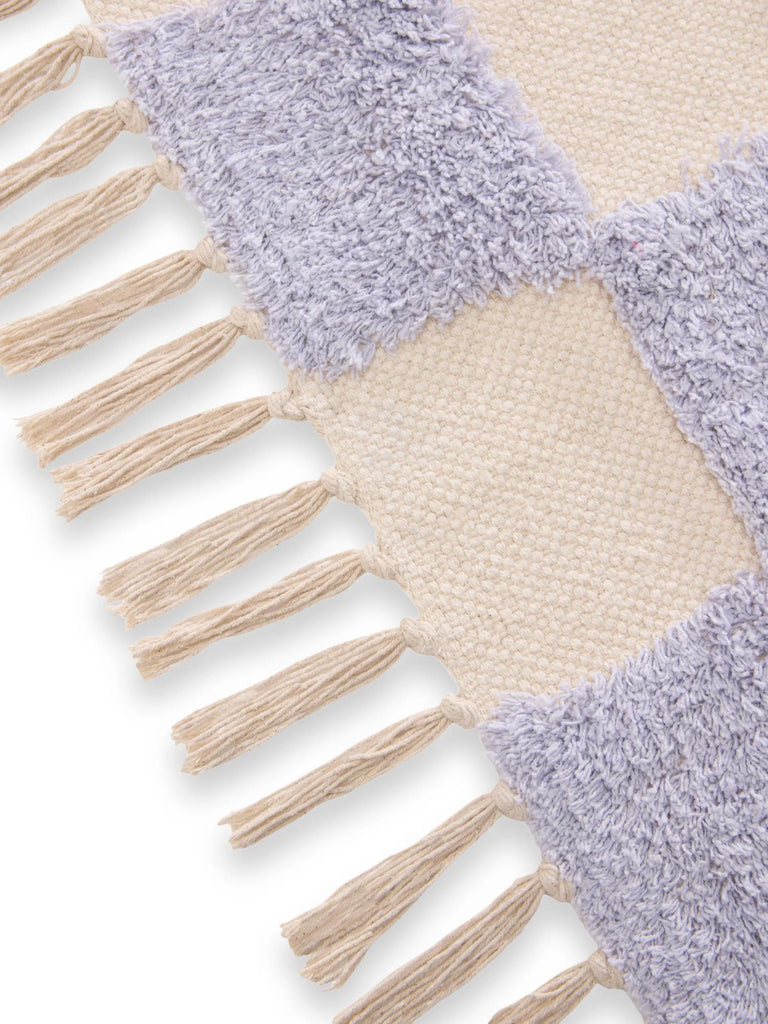 Tapis géométrique damier épais enfant violet et blanc en coton 80x120 cm